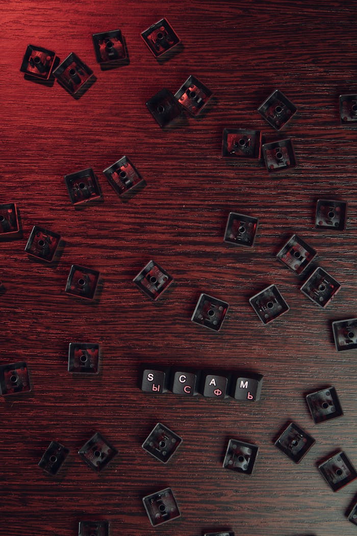 hero-homepage Scattered keyboard keys spelling 'SCAM' on a red-lit wooden surface, symbolizing online fraud.